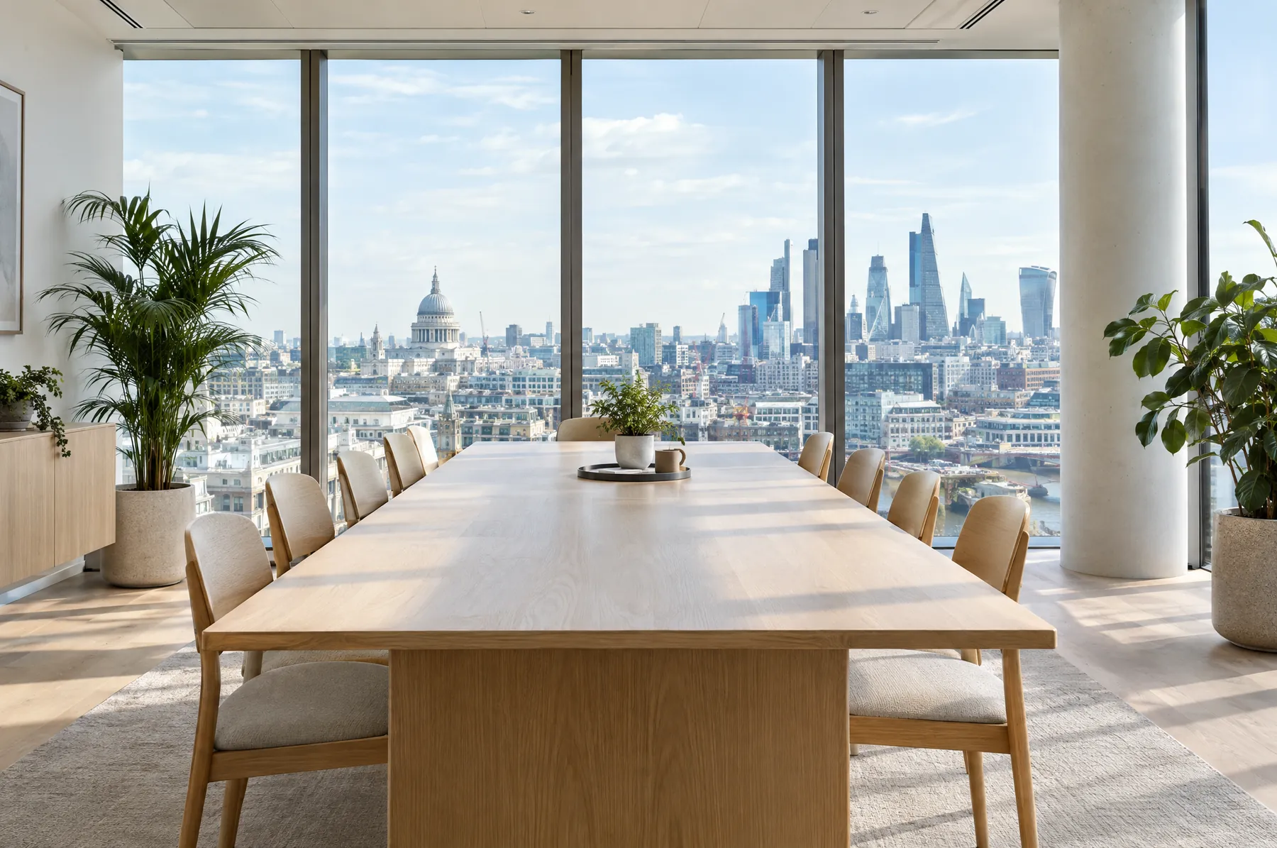 A bright meeting room with a long oak table and a city skyline beyond the windows