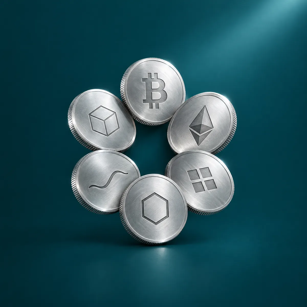 Six silver coins engraved with crypto emblems, arranged in a circle