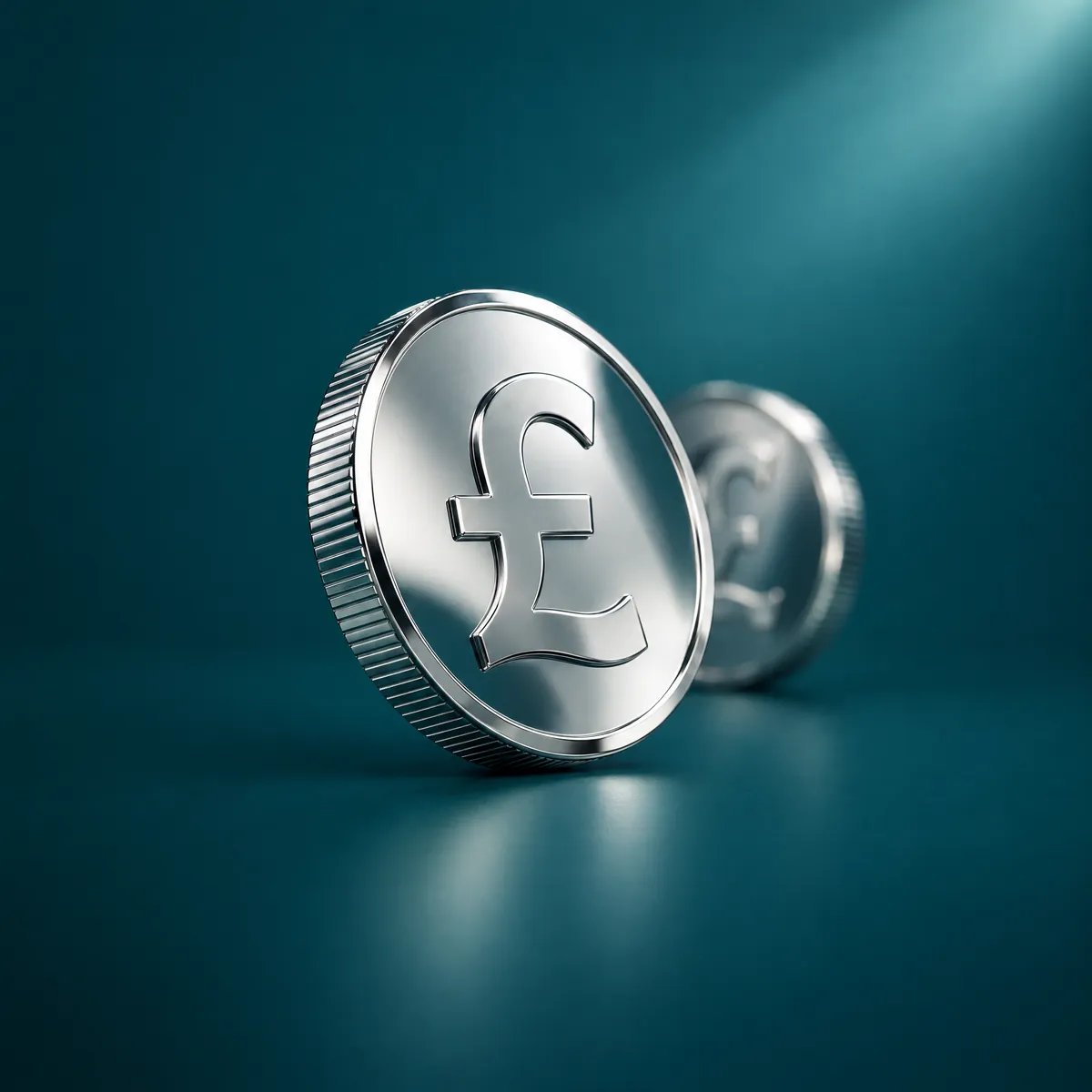 A polished chrome coin with a pound sign on a deep teal background